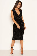Black Sequin Velvet Midi Dress