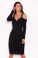 Black Slinky Ruched Cold Shoulder Dress