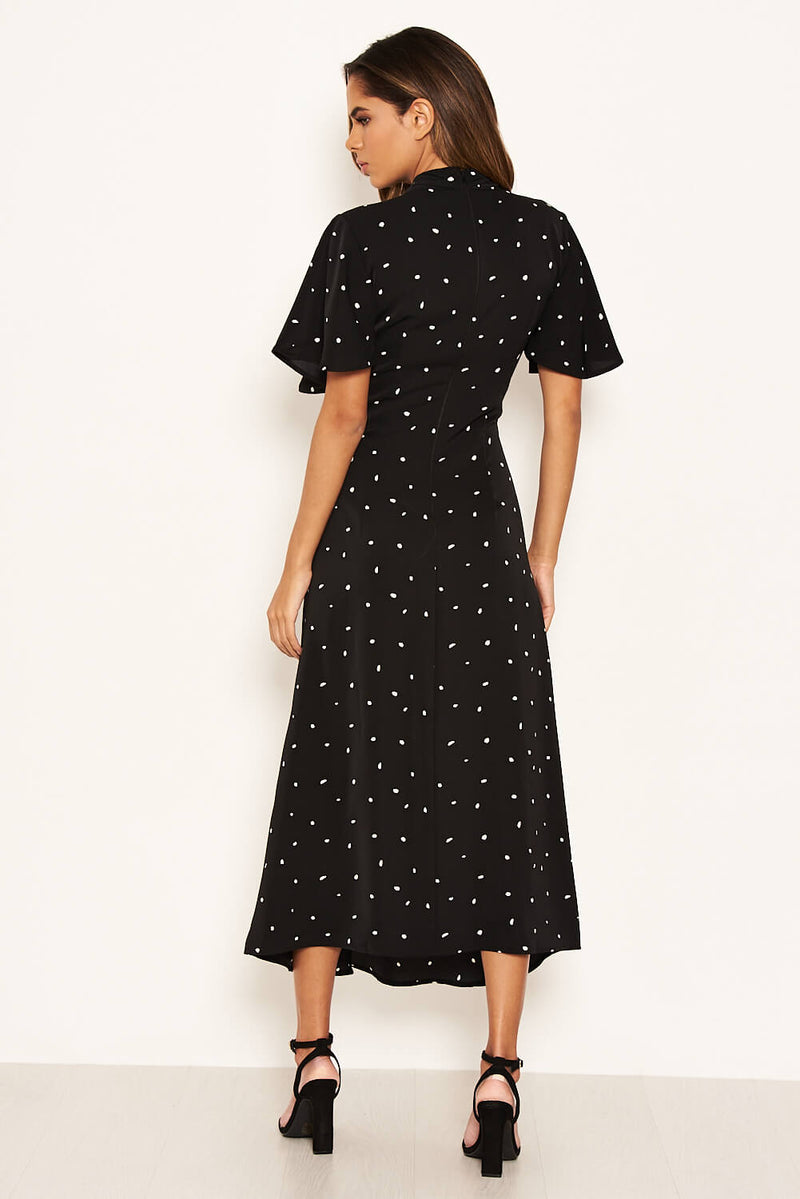Black Spotty Ruched Split Maxi Dress