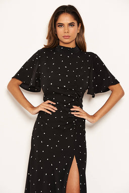Black Spotty Ruched Split Maxi Dress
