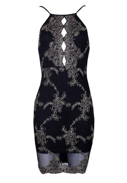 Black and Gold Embroidered High neck Bodycon Dress