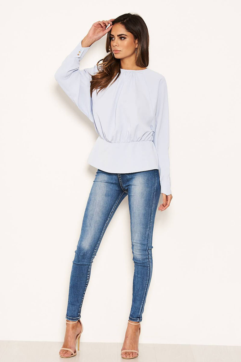 Blue Long Sleeve Pleated Top