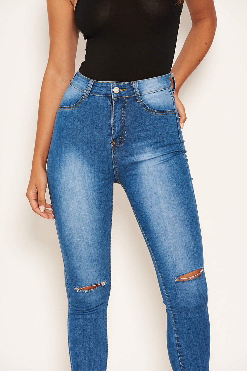 Blue Ripped Knee High Waisted Jean