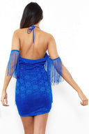 Blue Tassel Detail Cold Shoulder Mini Dress