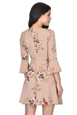 Beige Printed Wrap Over Skater Dress