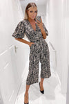 Black Animal Printed Wrap Tie Waist Jumpsuit