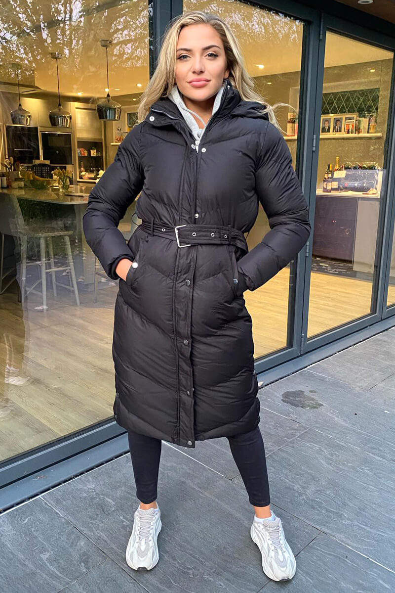 Black Belted Long Puffer Coat – AX Paris