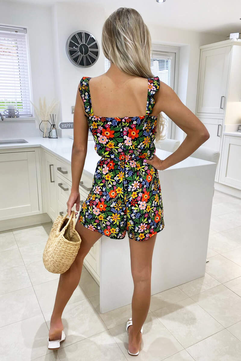 Black Bright Floral Frill Strap Playsuit