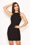 Black Button Front High Neck Dress