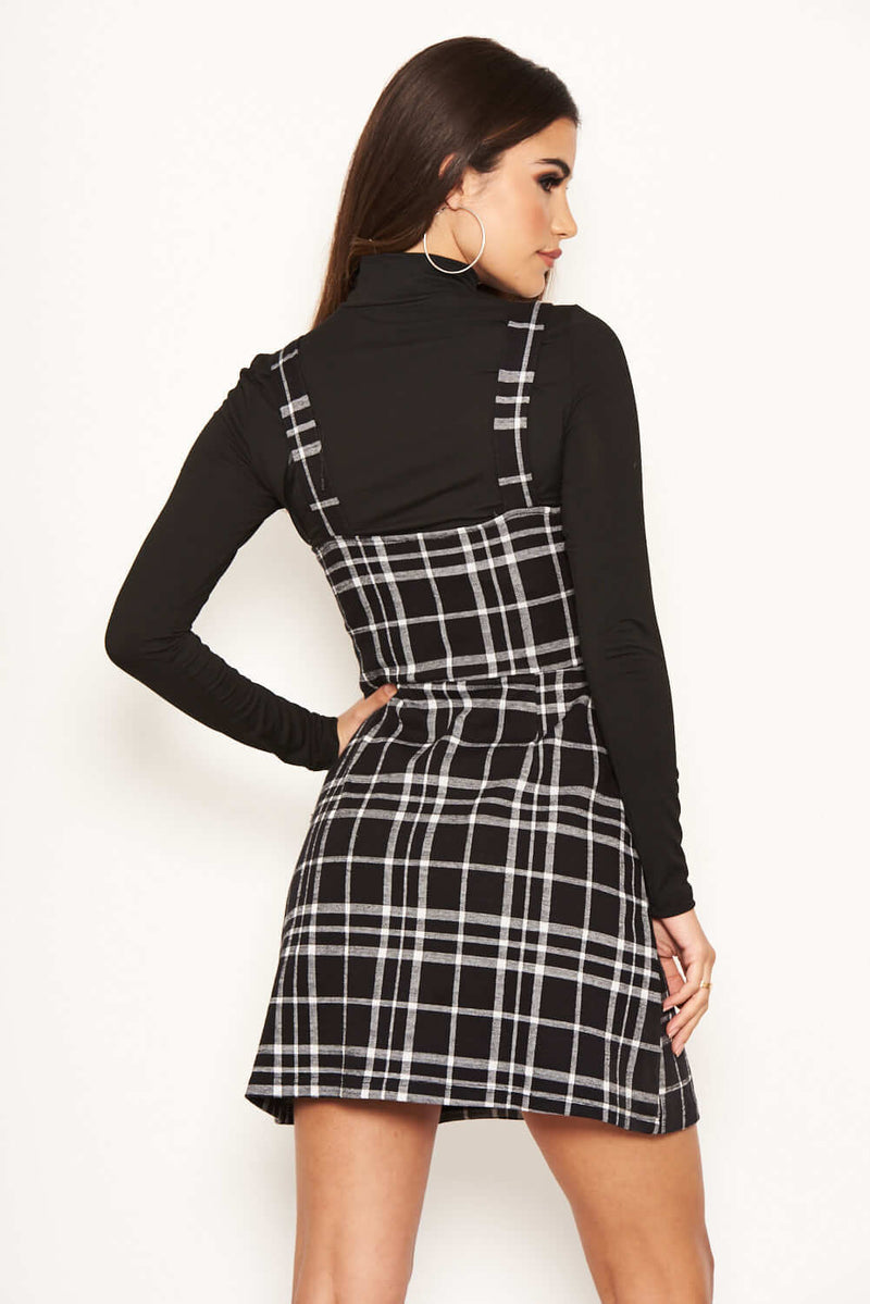 Black Check Button Front Detail Skater Dress