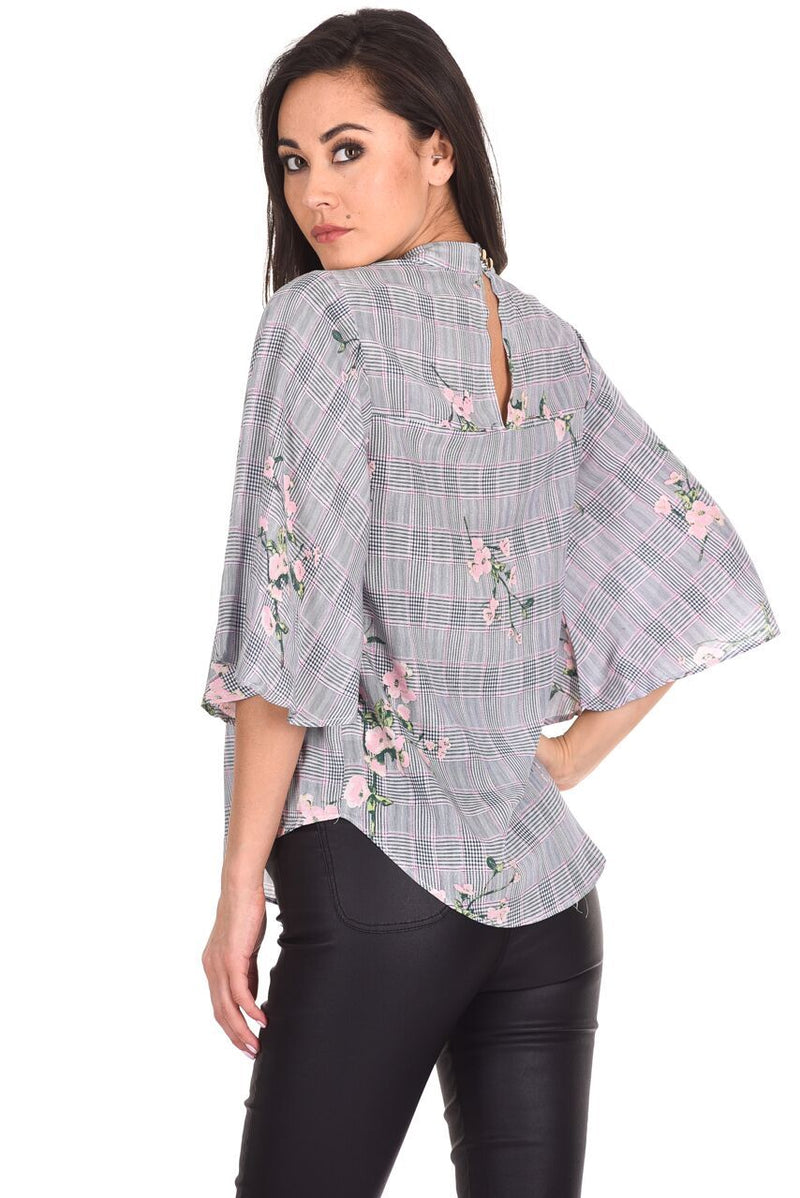 Black Checked Floral Print Top