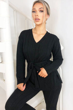 Black Chunky Knit Tie Waist Lounge Suit