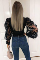 Black Crochet Puff Sleeve Knitted Top