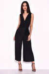 Black Culotte Pleated Tie-Waist Jumpsuit