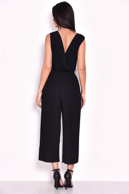 Black Culotte Pleated Tie-Waist Jumpsuit