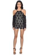 Black Cut Out Shoulder Lace Contrast Playsuit