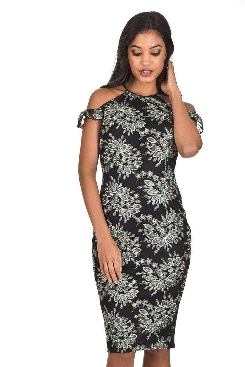 Black Embroidered Capped Sleeve Bodycon Dress