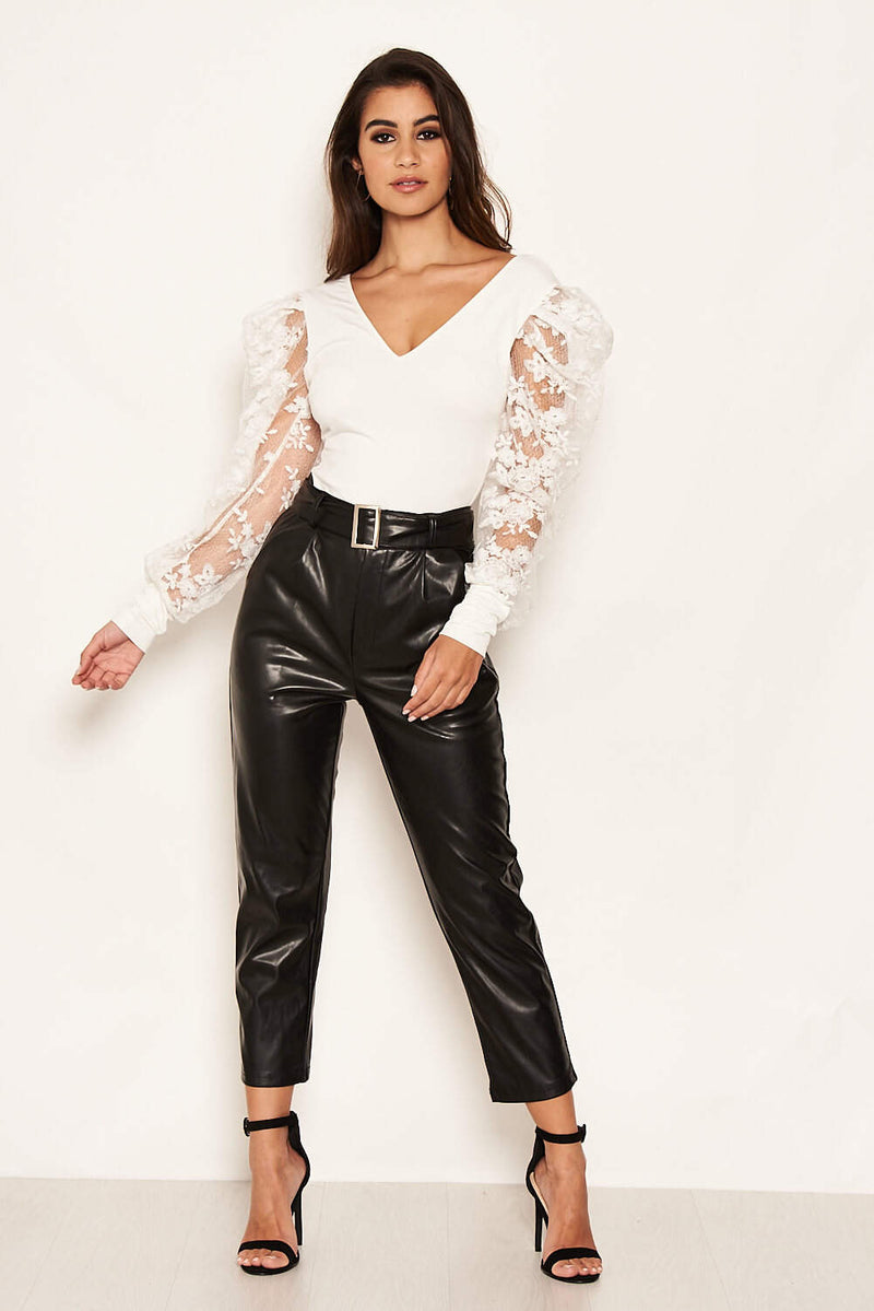 Black Faux Leather Belted Trousers