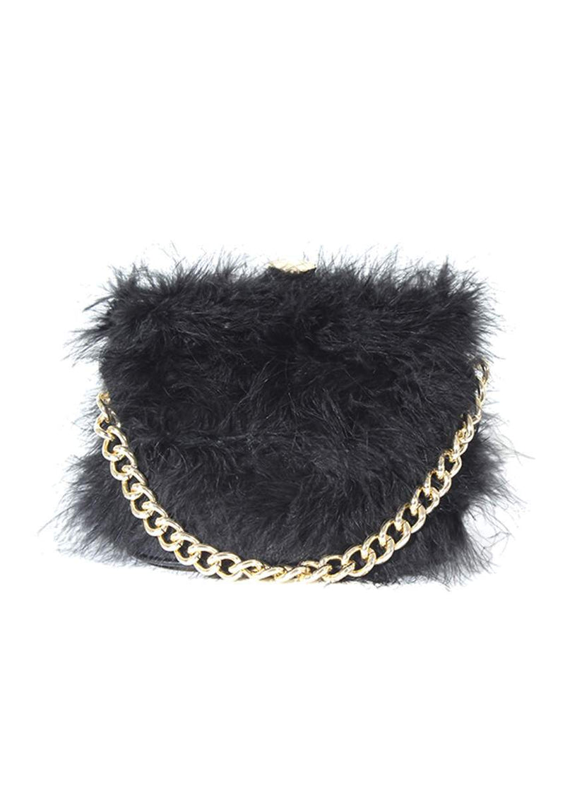 Black Feather Gold Chain Clutch Bag