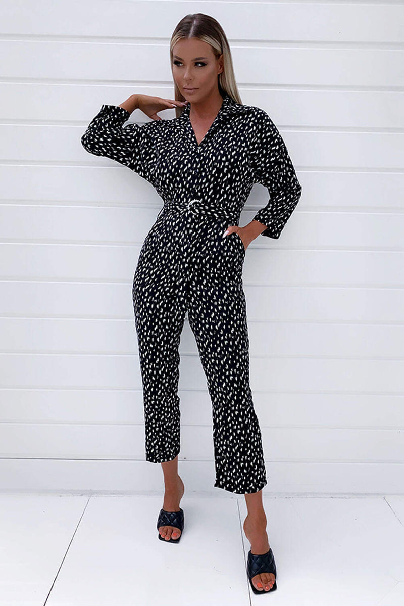 Black Floral Abstract Button Up Jumpsuit