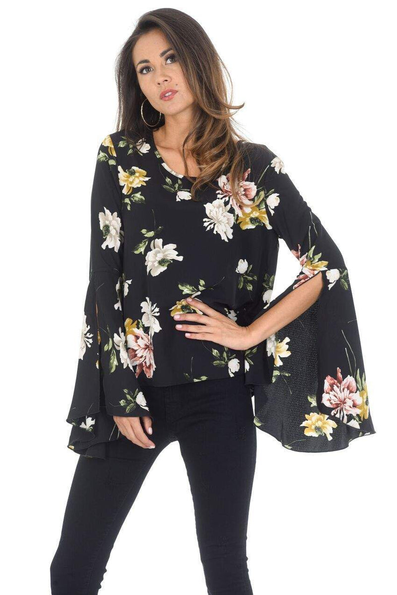 Black Floral Bell Sleeve Top