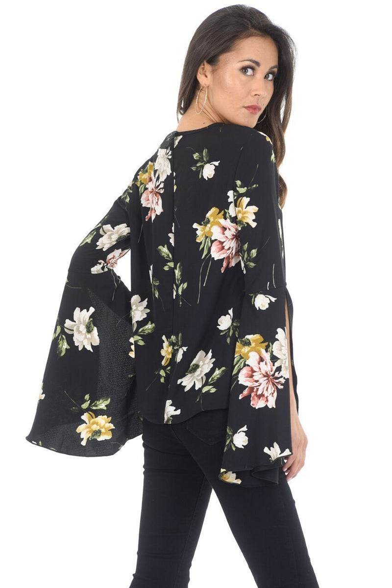 Black Floral Bell Sleeve Top