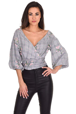 Black Floral Checked Tie Top