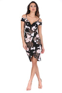 Black Floral Cold Shoulder Midi Dress