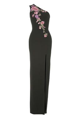 Black Floral Embroidered One Shoulder Maxi Dress