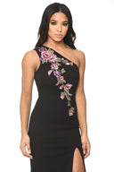 Black Floral Embroidered One Shoulder Maxi Dress
