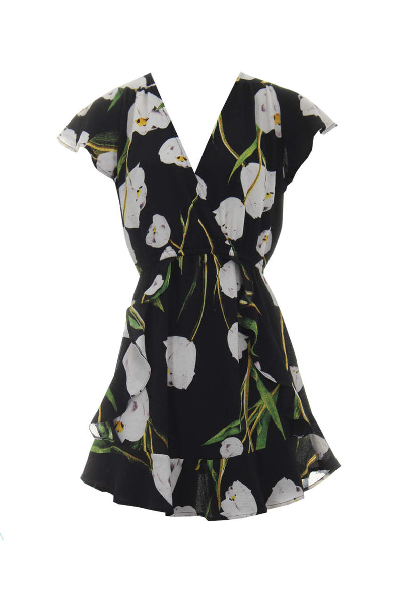 Black Floral Frill Detail Dress