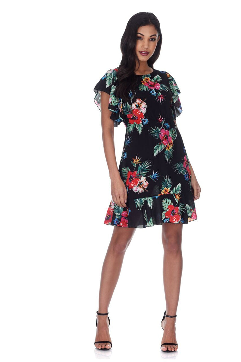 Black Floral Frill Detail Mini Dress