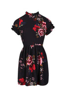 Black Floral Frill Sleeve High Neck Dress
