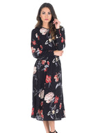 Black Floral Long Sleeve Elastic Waist Midi Dress