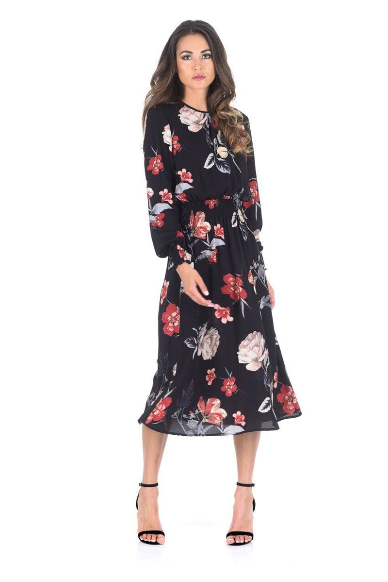 Black Floral Long Sleeve Elastic Waist Midi Dress