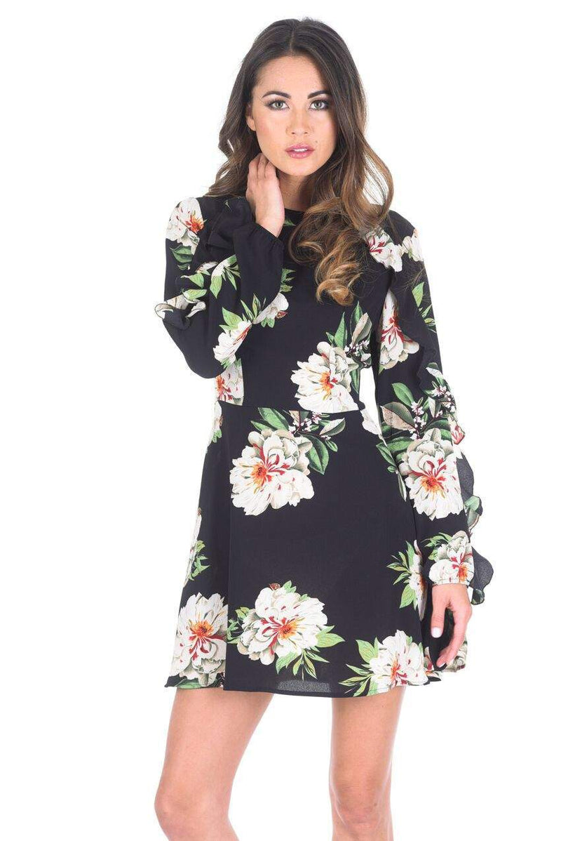 Black Floral Mini dress with Frill Trim