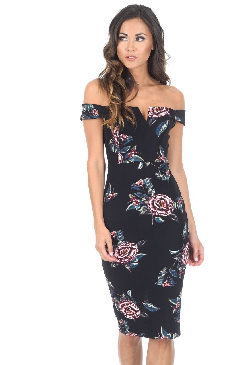 Black floral store sexy midi dress Small NWT off the shoulder