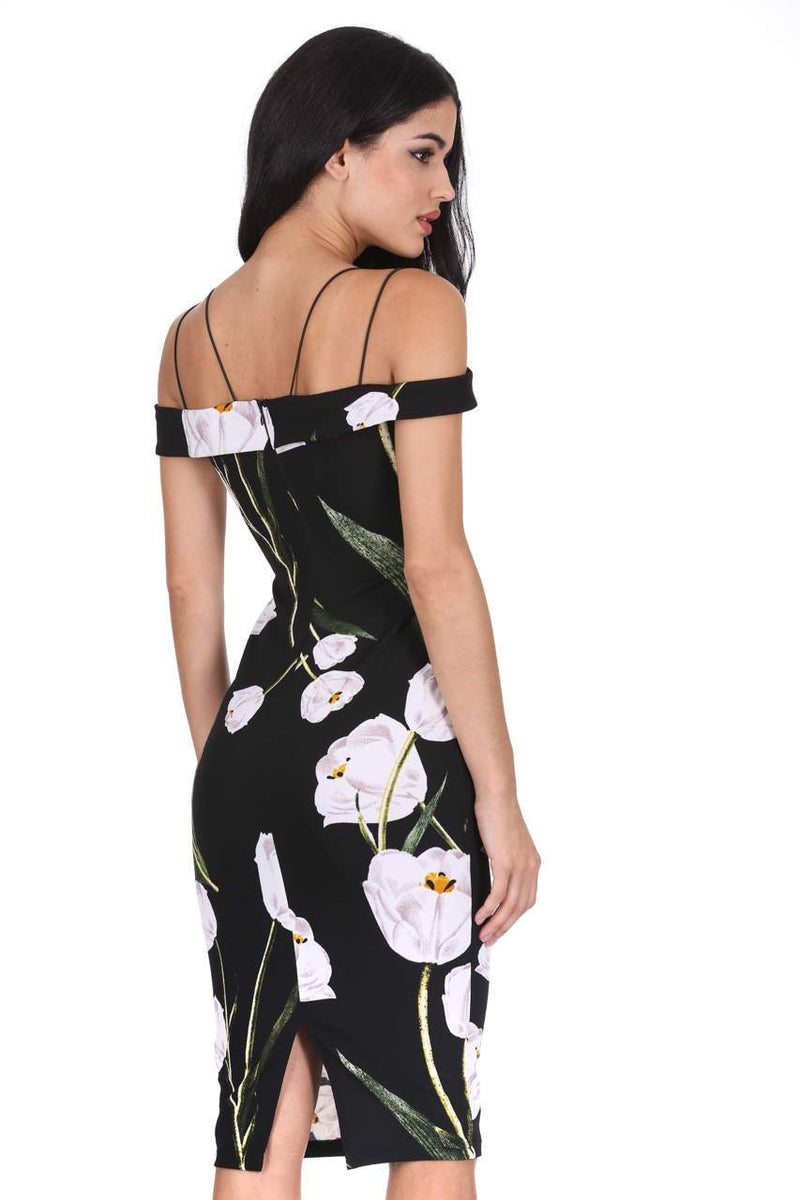Black Floral Off The Shoulder Midi Dress