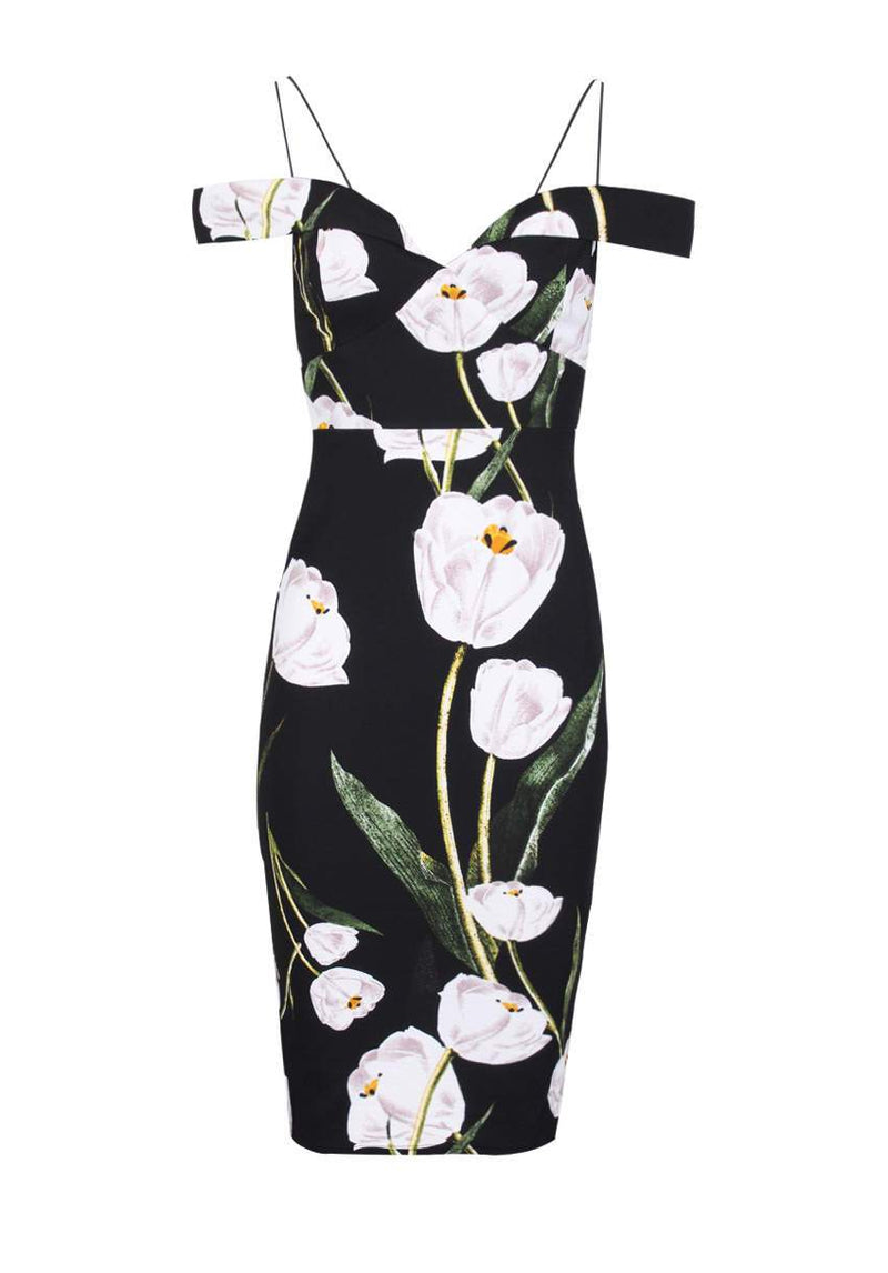 Black Floral Off The Shoulder Midi Dress