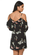 Black Floral Print Cold Shoulder Dress