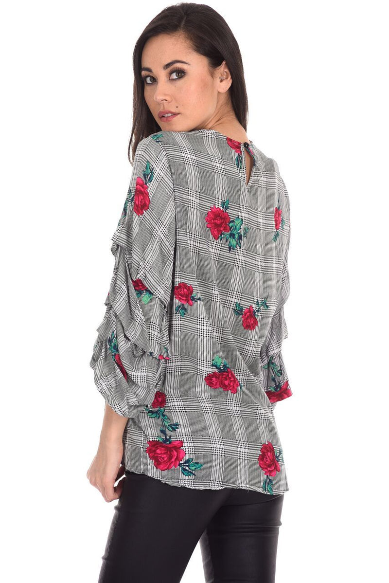 Black Floral Print Ruffle Sleeve Top