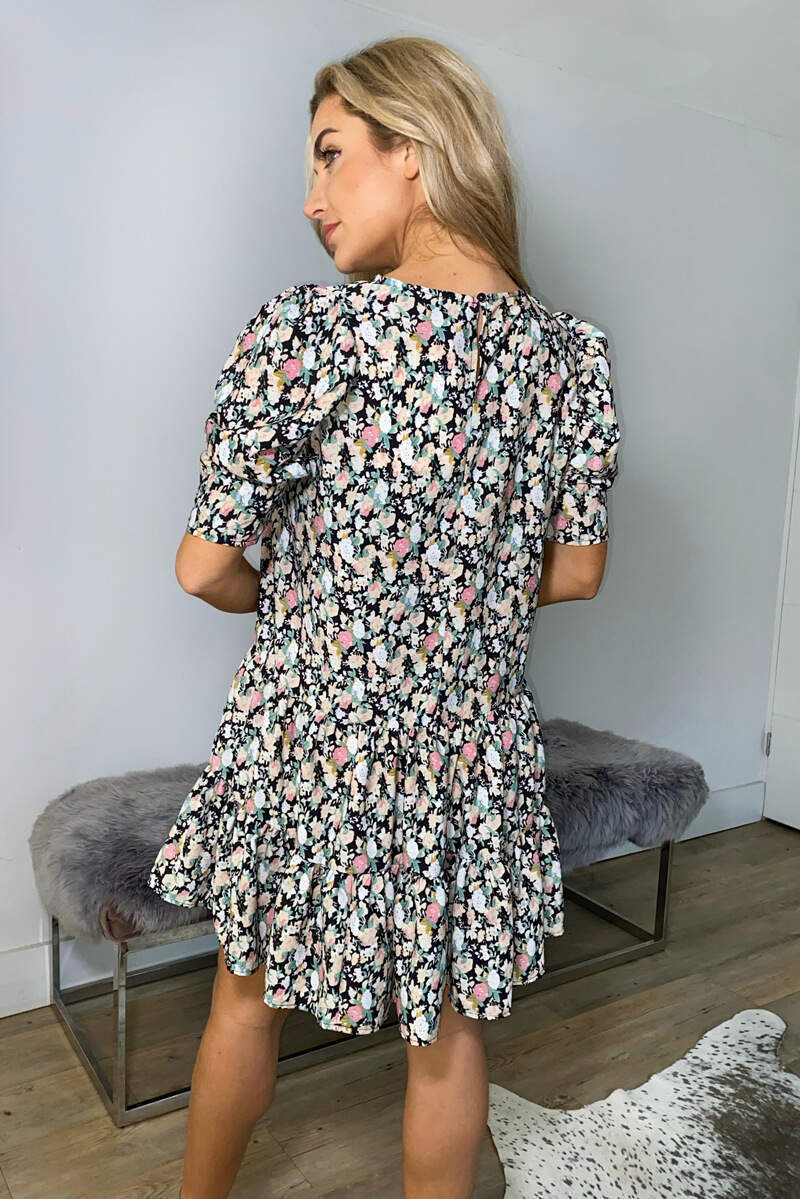 Black Floral Print Smock Dress