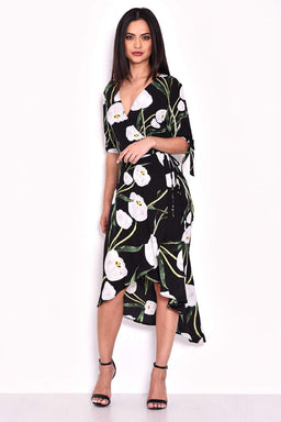 Black Floral Print Wrap Dress