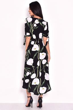 Black Floral Print Wrap Dress