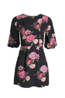 Black Floral Ruched Sleeve Dress