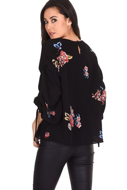 Black Floral Tie Sleeve Top