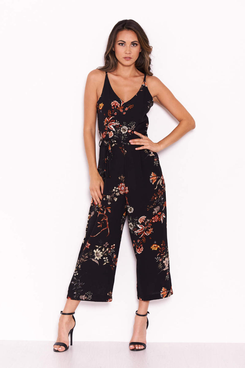 Black Floral V Neck Jumpsuit