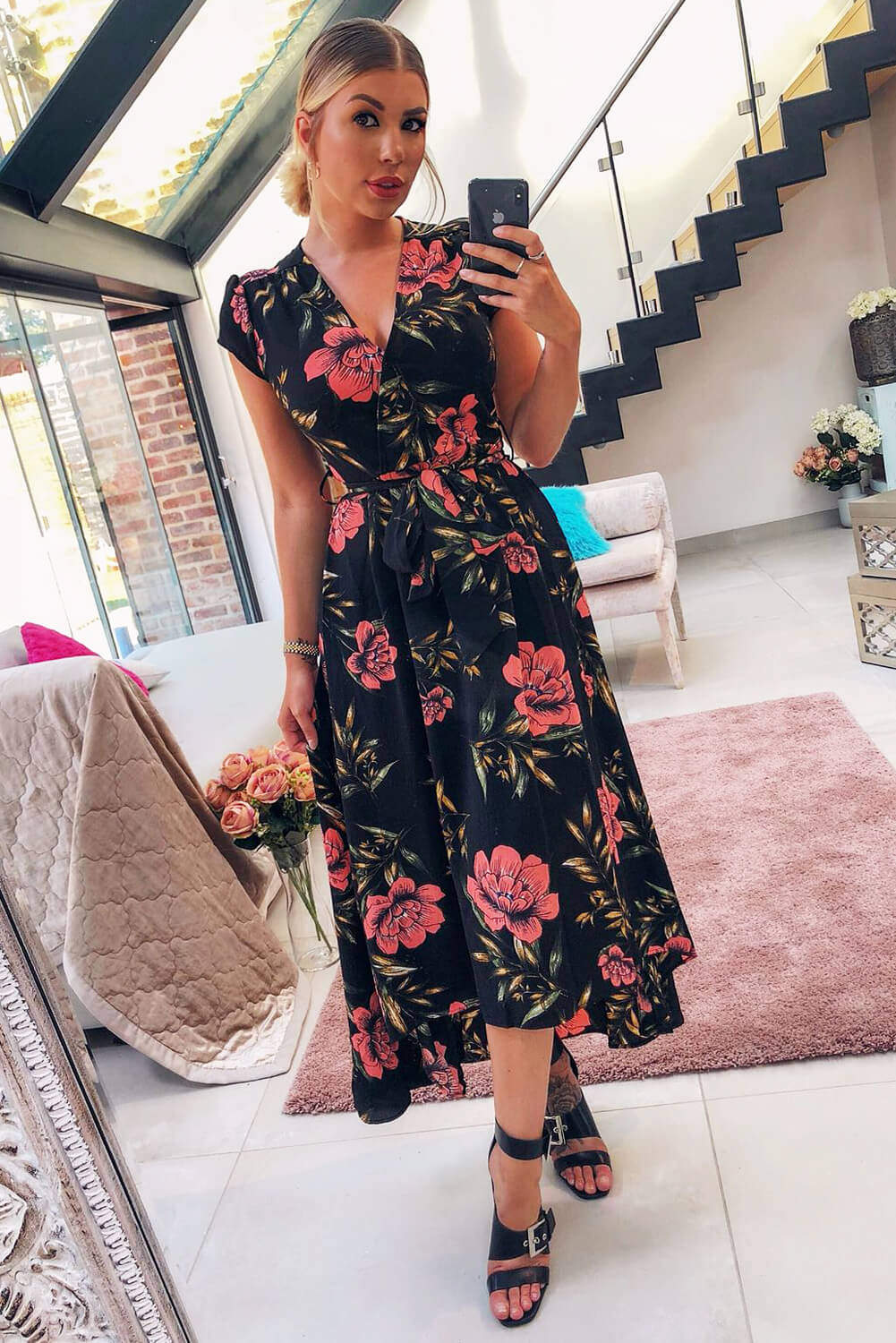ax paris floral maxi dress AX PARIS BLACK AND LILAC FLORAL PRINT OFF THE SHOULDER DRAPED TOP MIDI DRESS