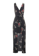 Black Floral V-Neck Wrap Skirt Dress