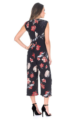Black Floral Wrap Front Culotte Jumpsuit